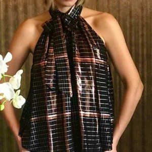 Apiece Apart metallic pink silver lurex Catarina black plaid tie halter size 6 M